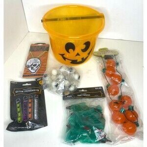 Halloween Pumpkin Pail Bucket, Eyeballs, Necklace, Witches Fingers, Glow Lot NEW